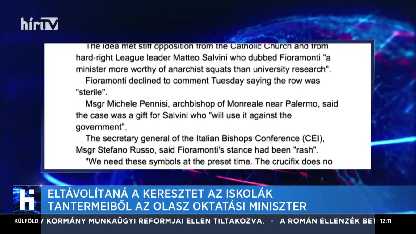 Eltávolítaná a keresztet az iskolák tantermeiből az olasz oktatási miniszter