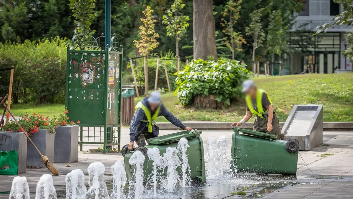 Szemeteskukákat mosnak a ferencvárosi szökőkútban