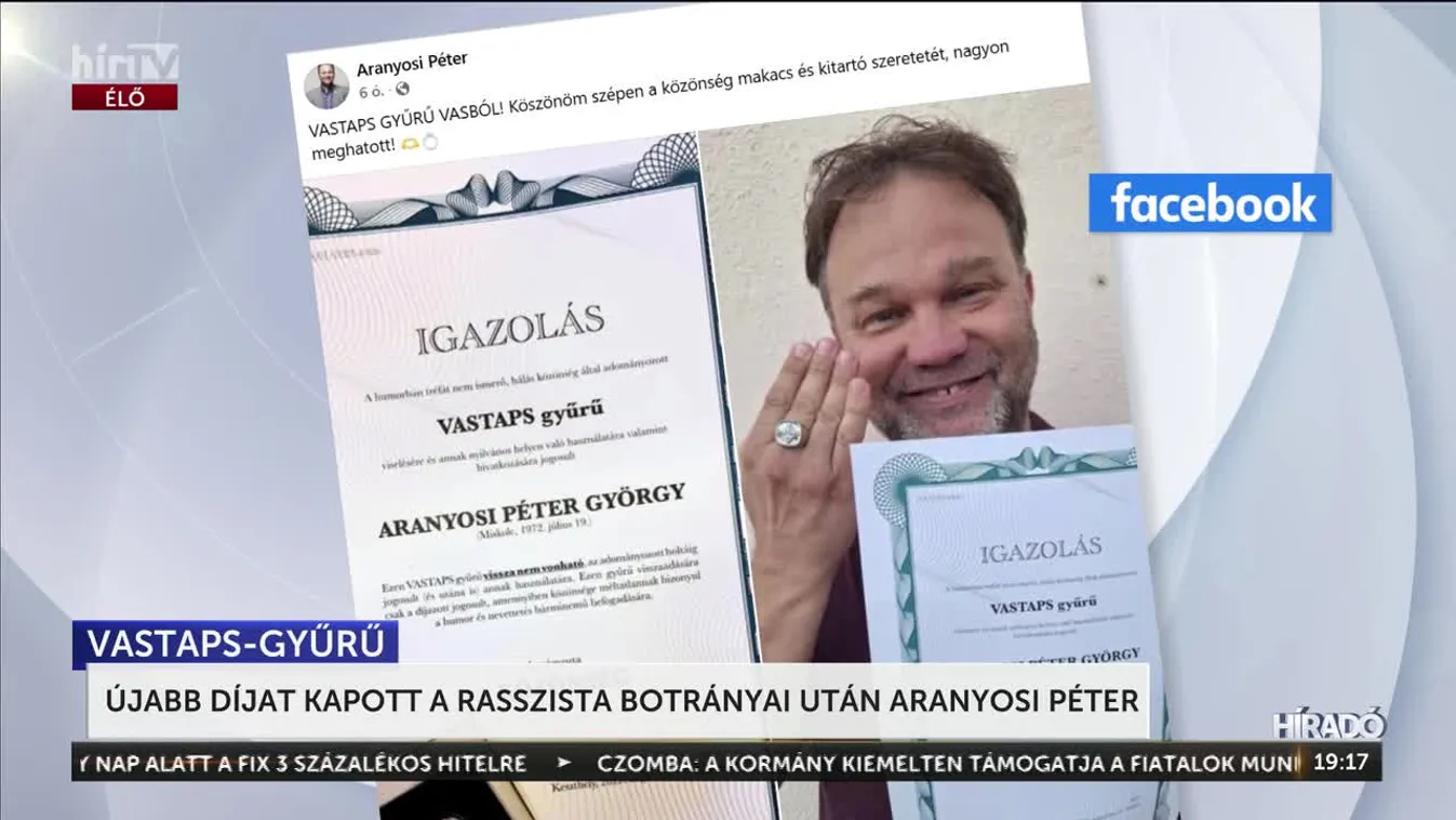 ÚJABB DÍJAT KAPOTT A RASSZISTA BOTRÁNYAI UTÁN ARANYOSI PÉTER