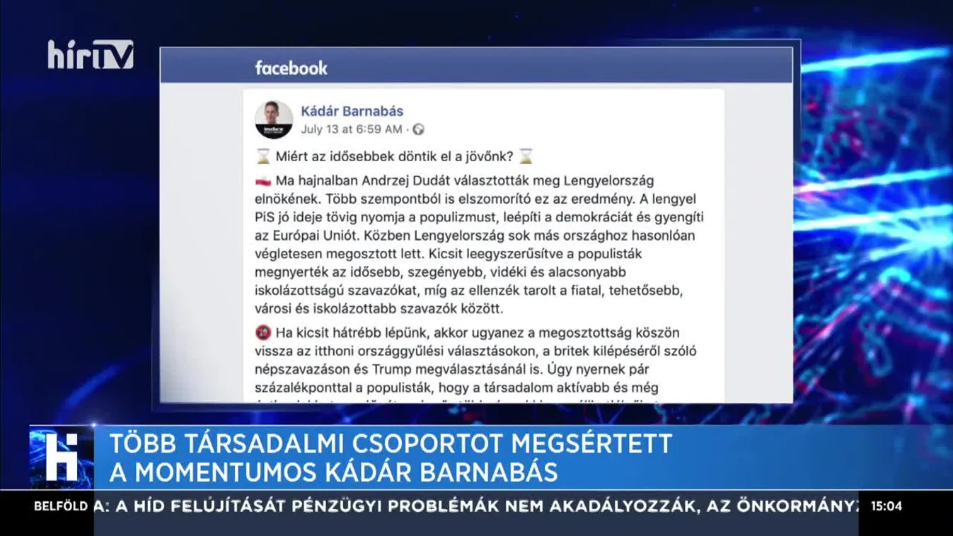 Több társadalmi csoportot megsértett a momentumos Kádár Barnabás
