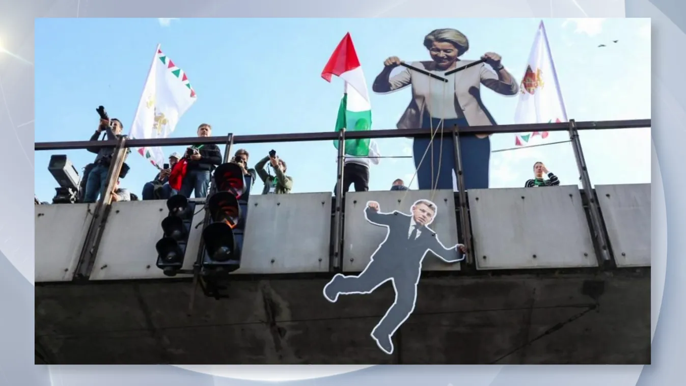 Magyar Péterrel bábozó Von der Leyen-figura a Békemeneten