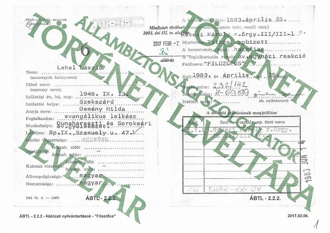 Lehel László evangélikus lelkész 6-os kartonja. A foglalkoztatás vonala: „ev. egyházi reakció”