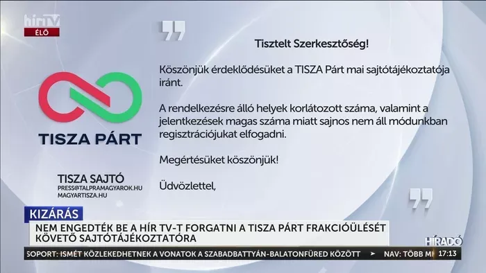 „Helyhiány” miatt maradt a Hungexpo kapui előtt a HírTV stábja a Tisza Párt eseményén