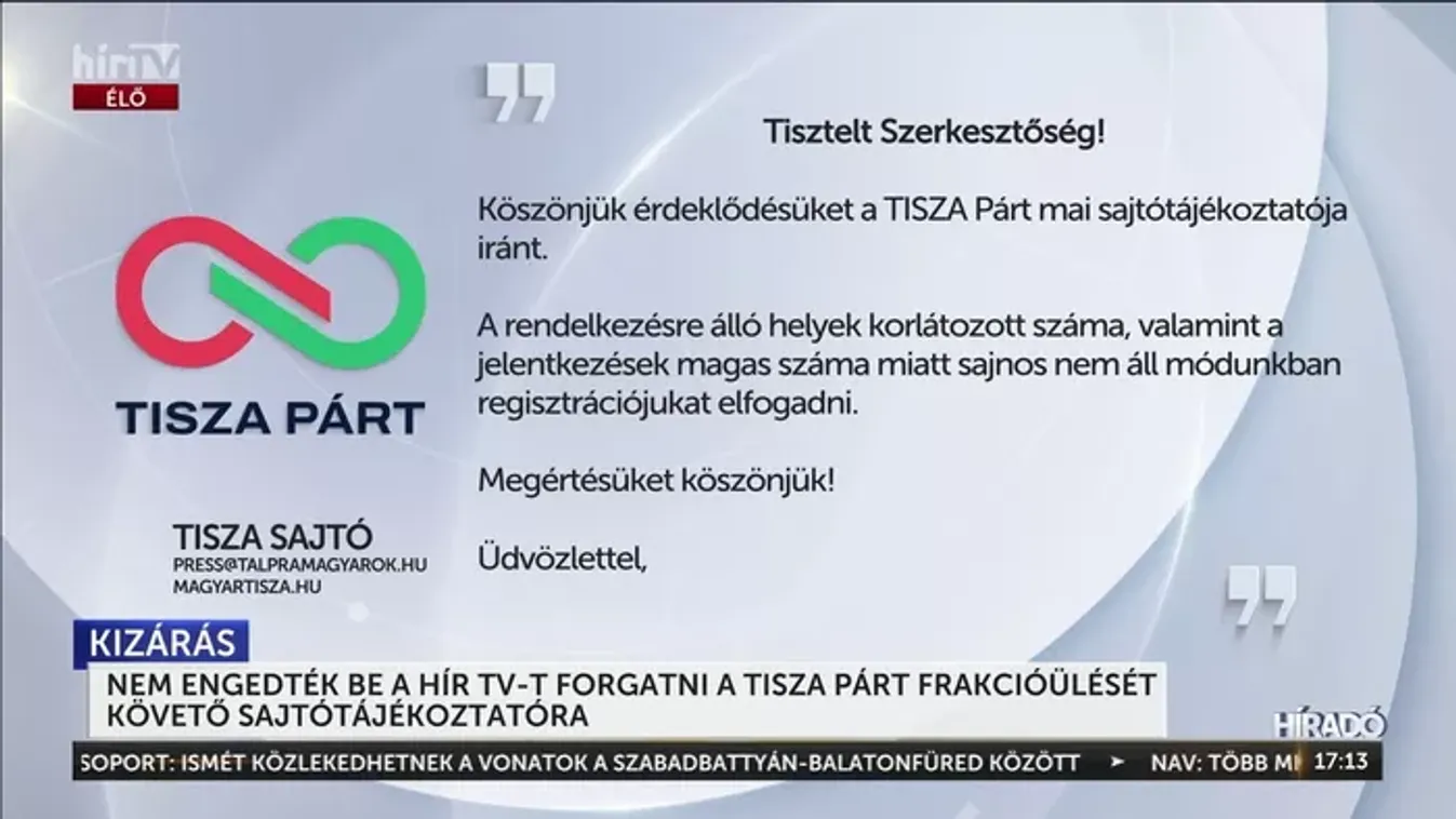 „Helyhiány” miatt maradt a Hungexpo kapui előtt a HírTV stábja a Tisza Párt eseményén